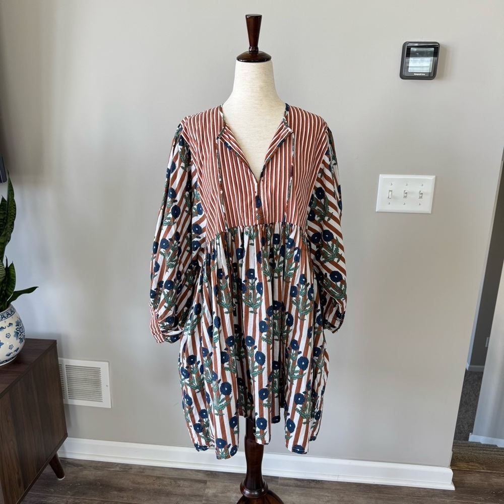 Striped & Floral V-Neck Babydoll Dress in Rust and Navy